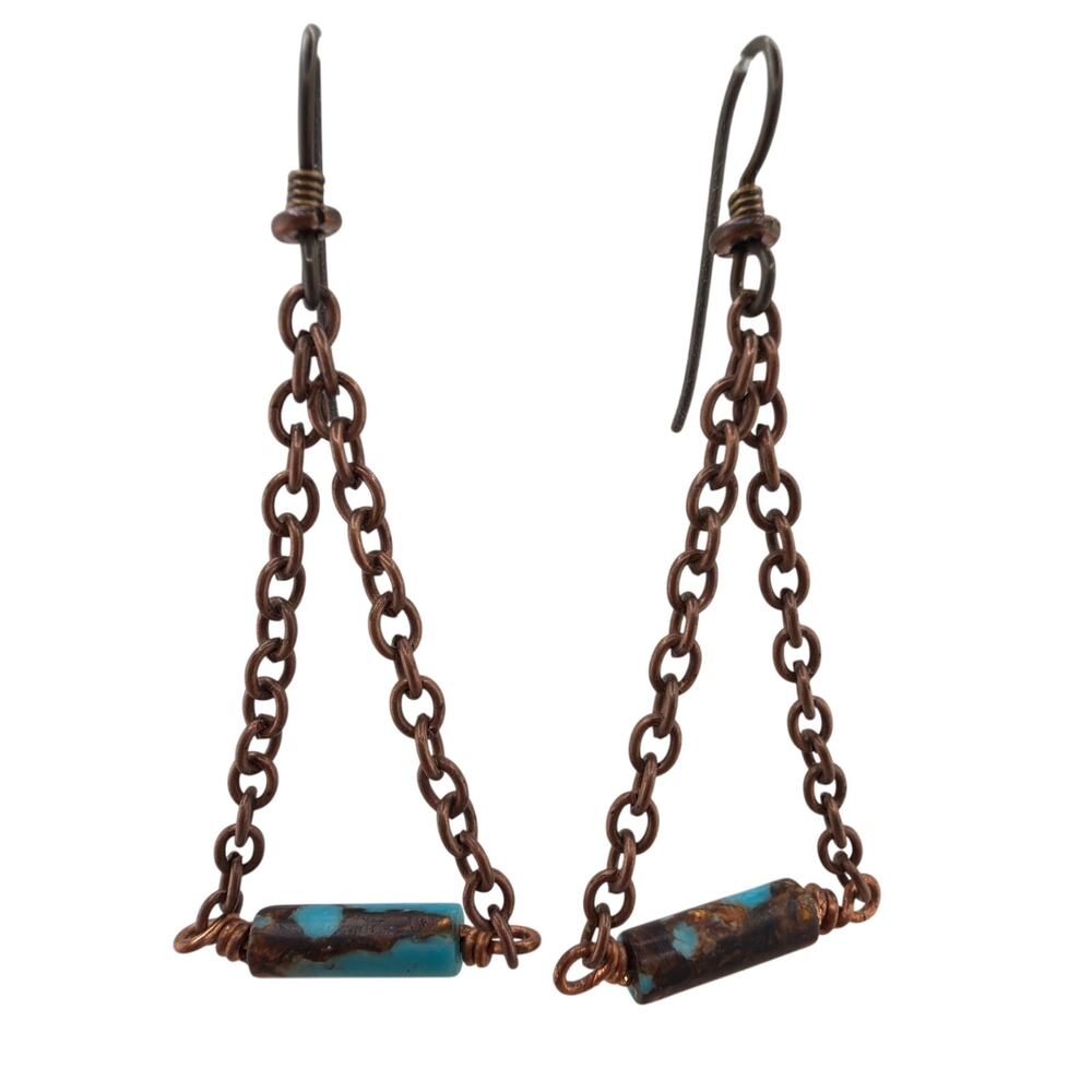 Artisan Handcrafted Triangular Bronzite Copper Swing Chain Dangle Earrings